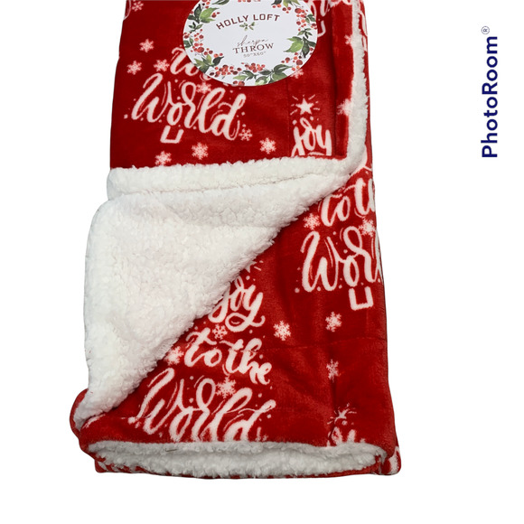 Holly Loft Christmas Holiday Plush Sherpa Throw Blanket Red Joy to the World NEW - Picture 1 of 10